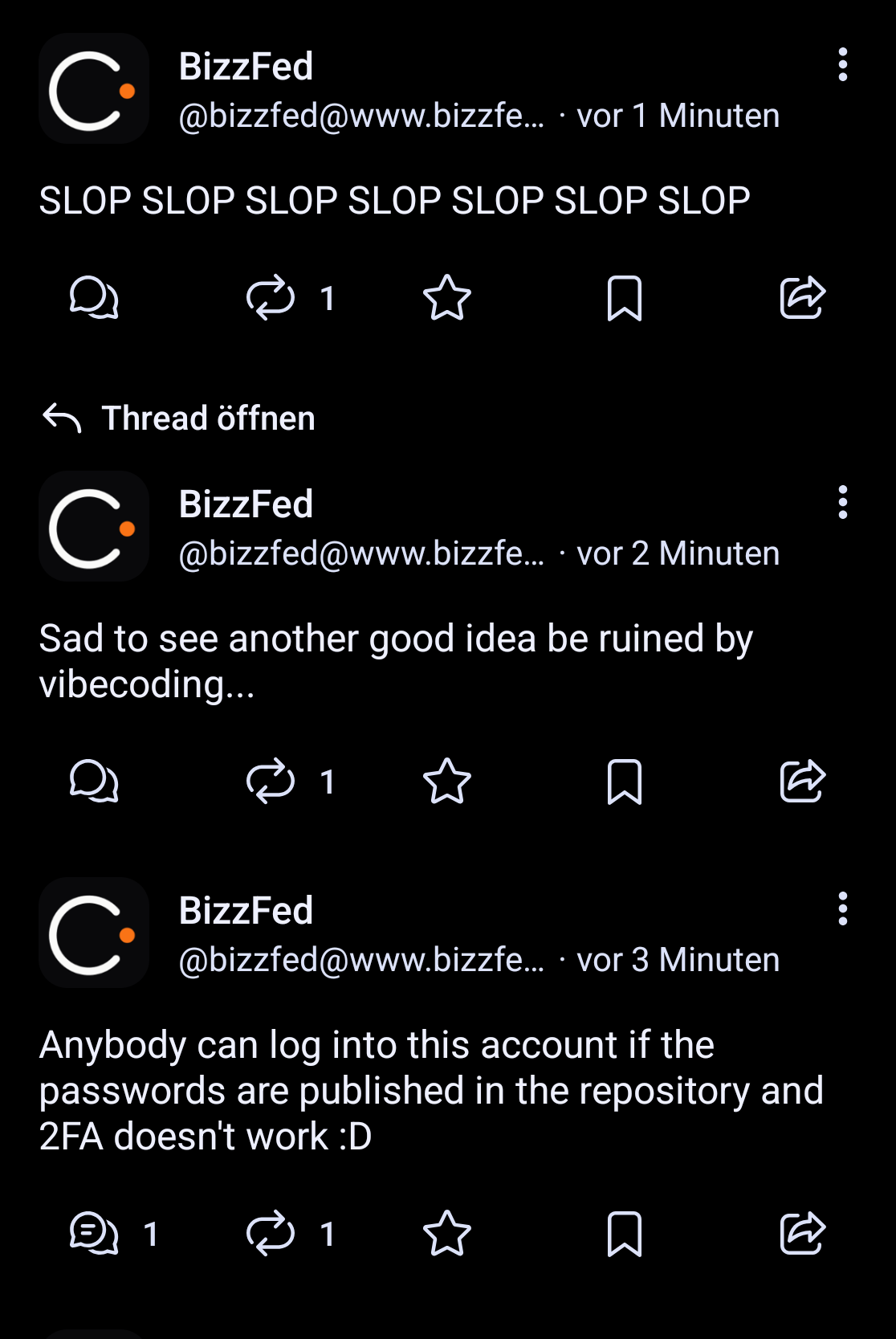 A thread by BizzFed tracking an account compromise, moving from a security exposure warning to a complaint about "vibecoding" and a spam post reading "SLOP SLOP SLOP..."