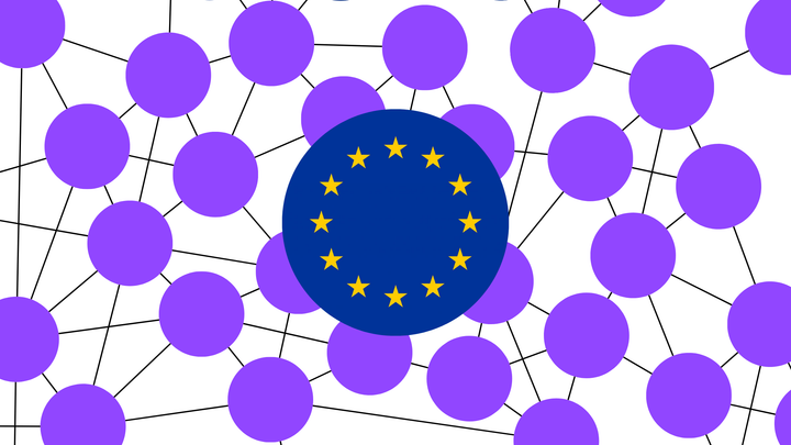 The European Union emblem centered over a background network of interconnected purple circles.